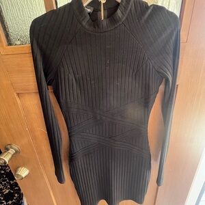 Bebe Black Ribbed Bodycon Dress Mock Neck Long Sleeve